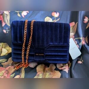 Ted Baker Dark Blue Velvet Bow Crossbody w/Rose Gold Hardware - NWT